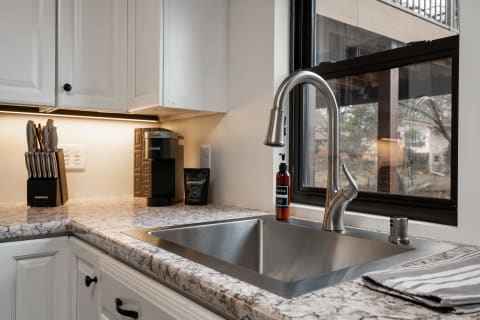 Contemporary kitchen with stainless steel sink, gooseneck faucet, and coffee maker.