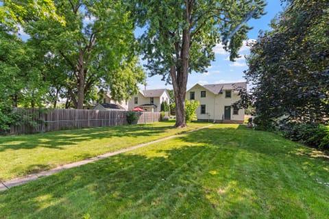 A residential backyard with a spacious lawn and a large tree, featuring houses in the background.