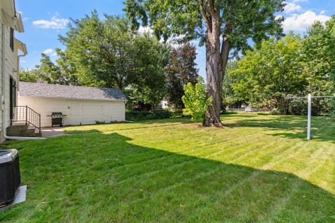 A backyard featuring a white shed, a grill, a large tree, and green grass under a clear sky.