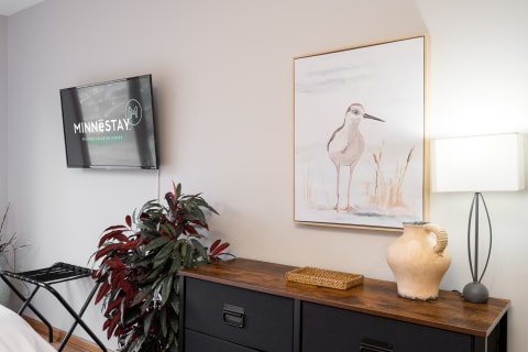 Modern room with a TV, artwork of a bird, plant, and decorative items on a dresser.