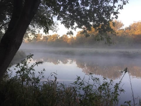 A peaceful river scene in the morning with mist and colorful trees.