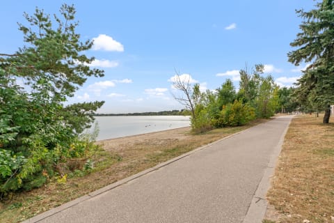 A scenic walkway beside a calm lake, lined with trees and shrubs.