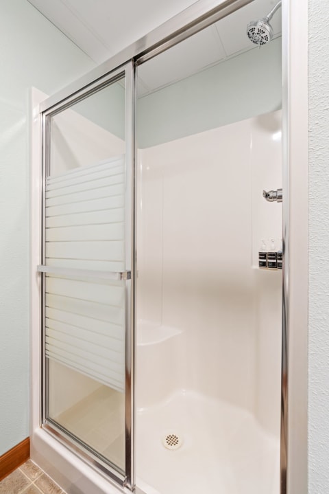 Interior view of a modern shower with sliding glass doors and a mint green wall.