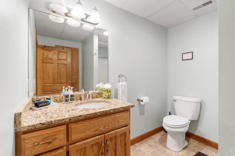 Bright bathroom with granite countertop, sink, and white toilet.