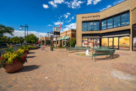 Vibrant outdoor shopping area with benches, a fountain, and colorful flower pots under a blue sky.