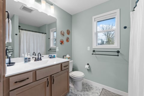 A modern bathroom featuring a sleek vanity, decorative wall plates, and soft green walls.