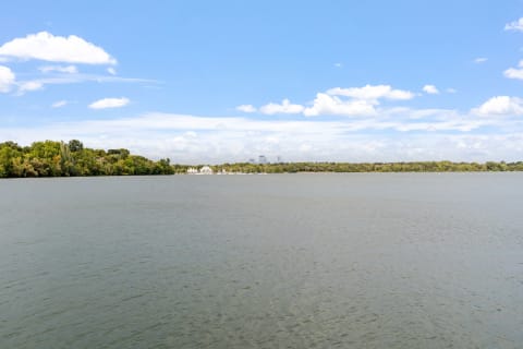 A tranquil lake set against a backdrop of trees and distant city skyline under a clear sky.