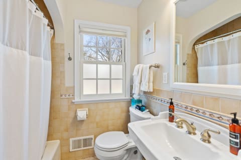 Interior view of a cozy bathroom featuring a shower, sink, and natural light from a window.