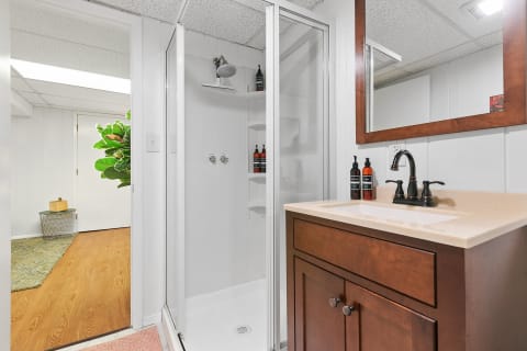 Modern bathroom with corner shower, wooden vanity, and green plant in the background.