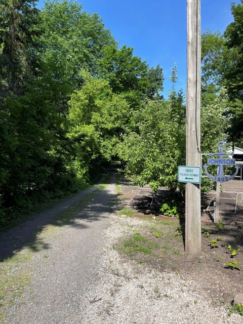 Gravel path lined with trees and signposts in a serene setting.
