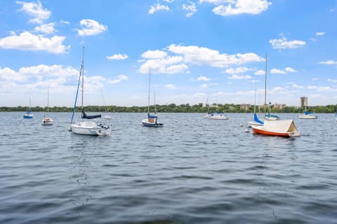 Multiple sailboats floating on a calm lake with clear blue skies and fluffy clouds.