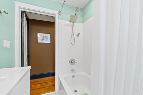 Modern bathroom featuring mint green walls and a white shower-tub combination.