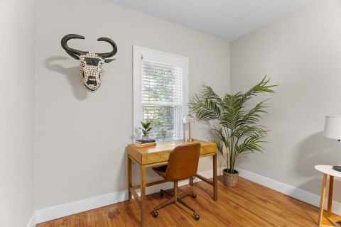 A workspace featuring a wooden desk with a chair, decorative bull skull, and a potted plant.
