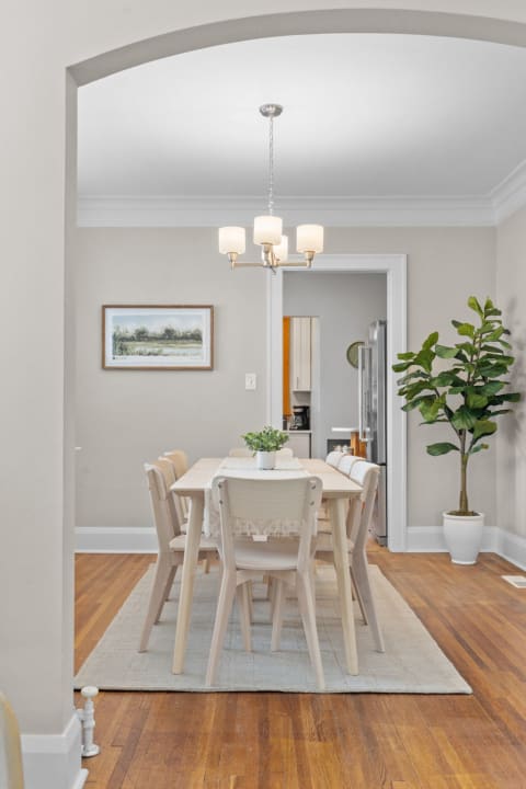 A dining room featuring a long table surrounded by wooden chairs, a chandelier, and a large leafy plant.