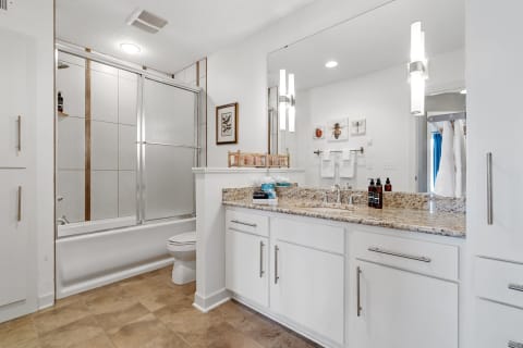 Interior view of a modern bathroom featuring a tub, shower, and granite countertop with decorative elements.