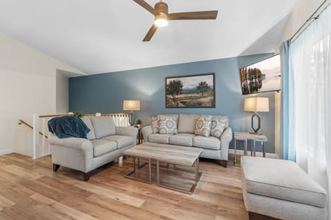 Cozy living room featuring a light gray couch, wooden flooring, and a blue accent wall.