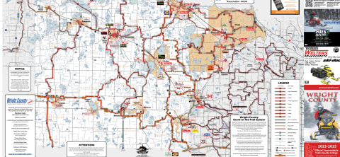 Map showing snowmobile trails in Wright County, with marked routes and landmarks for navigation.