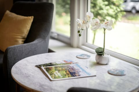 Cozy corner with a marble table, travel magazines, white orchid plant, and cozy chair near a window.