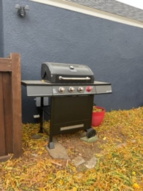 Charcoal grill in a backyard with fallen leaves around it.