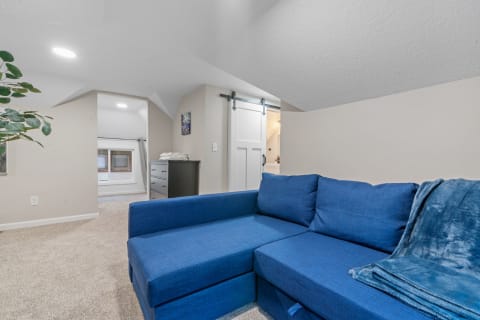 Cozy room with a blue sectional sofa and a sliding barn door.