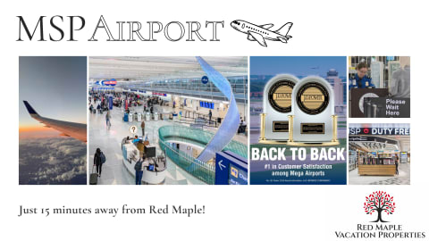 Collage of MSP Airport highlights including airline views, traveler crowds, awards, and Duty Free shopping.