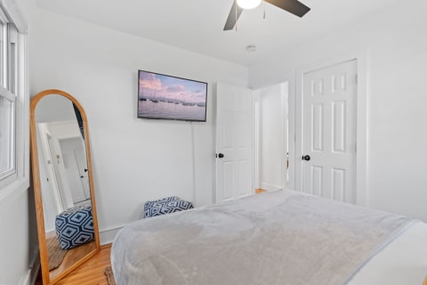 Cozy bedroom featuring a mirror, TV, and warm wooden floors.