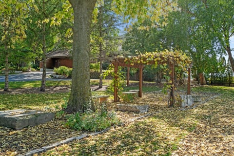 Outdoor scene with a wooden pergola, stone benches, and trees displaying autumn colors.