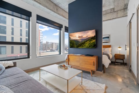 A bright, contemporary living room featuring large windows, a flat-screen TV, and a cozy sofa.