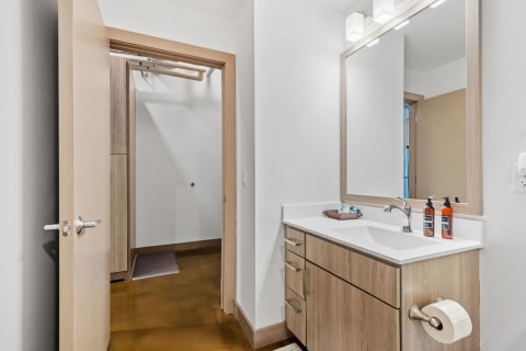 Contemporary bathroom interior with wooden vanity, mirror, and doorway to a closet.