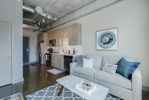 Interior of a modern apartment featuring a living room with a gray sofa and a contemporary kitchen.