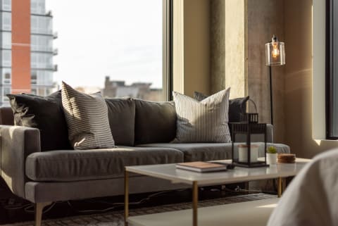 Cozy modern living room with a gray sofa, striped pillows, and a coffee table.