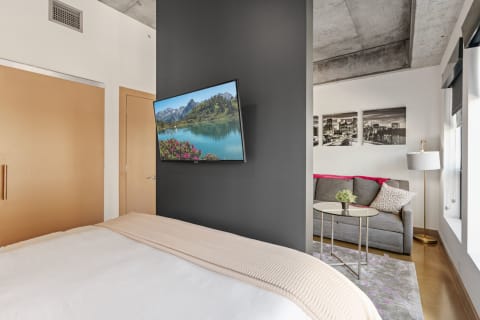 A stylish bedroom and living area with a bed, TV, sofa, and decorative elements.