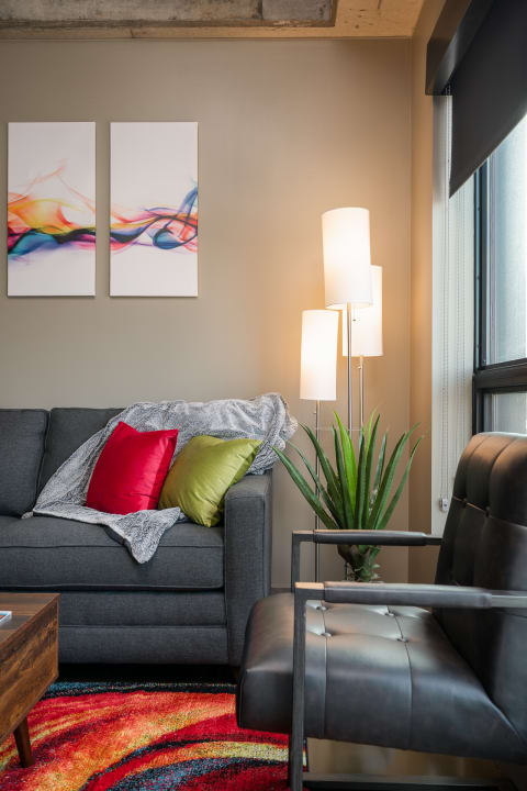 Cozy gray sofa with colorful cushions, abstract art, and a decorative rug in a modern living room.