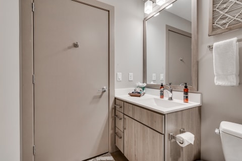 A modern bathroom featuring a light wood vanity, white countertops, and stylish decor elements.
