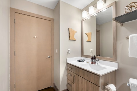 A contemporary bathroom with light wood cabinetry and a mirror above the sink.
