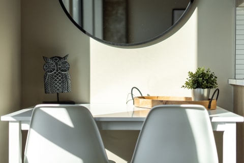 A well-lit workspace featuring a decorative owl figurine, a green plant, and a round mirror.