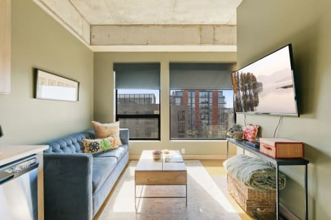 Modern living room with blue velvet couch, coffee table, and decorative items against olive green walls.