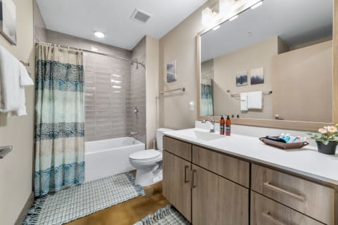 A modern bathroom with a bathtub, vanity, and decorative elements.