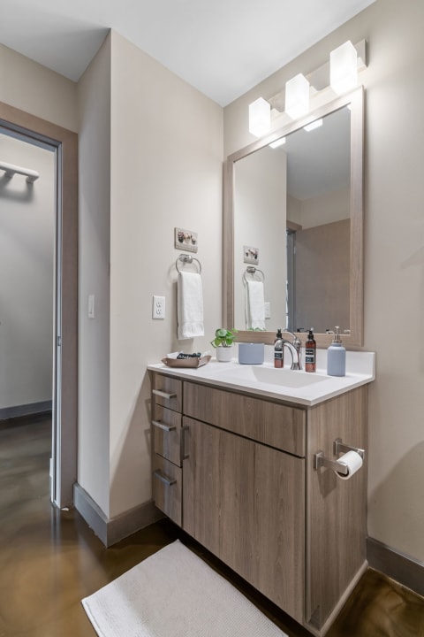Modern bathroom with a light wood vanity and sleek metal details.