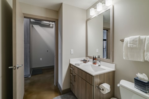 Modern bathroom featuring a sleek vanity, mirror, and polished concrete floor.