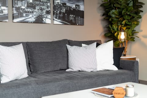 A gray sofa with striped and solid decorative pillows, a lamp, and a plant in a modern living room.