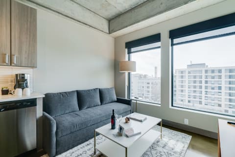 Cozy and modern studio apartment interior with a gray sofa, coffee table, and large windows.