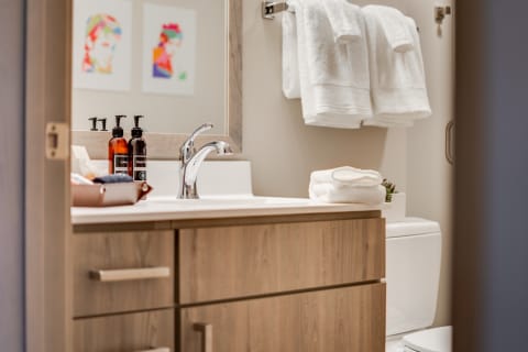 Stylish bathroom vanity with lotion and hand wash bottles, white towels, and decorative artwork.