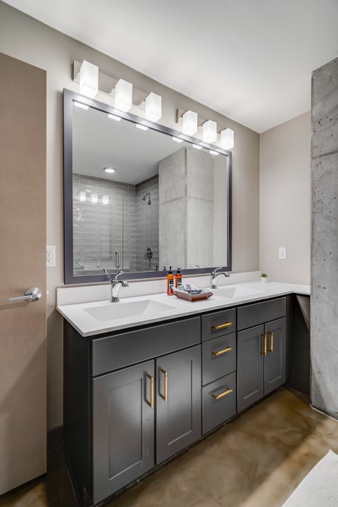 Modern bathroom with a dual sink vanity, large mirror, and frosted lighting fixtures.
