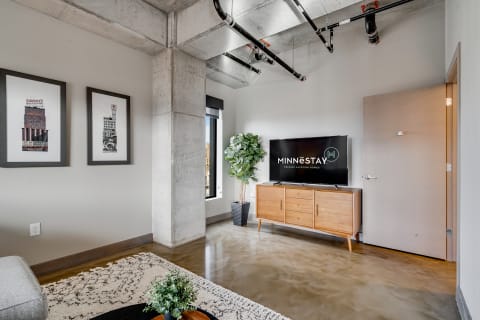 A contemporary living room featuring a concrete column, framed artwork, a TV, and a potted plant.