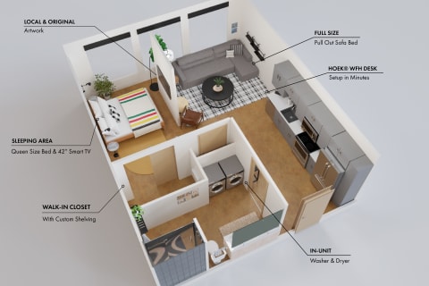 Bird's-eye view of a studio apartment with sleeping area, living room, and kitchen.