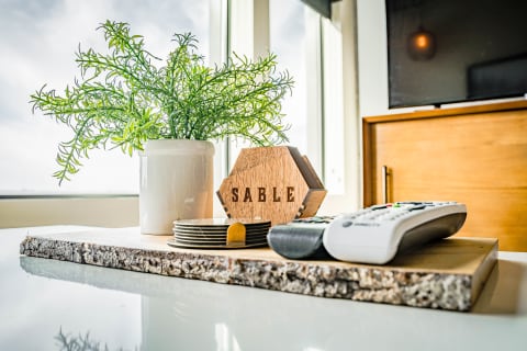 A modern tabletop with a plant, decorative sign, coasters, and a remote control.