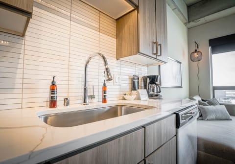 Contemporary kitchen with a polished countertop, modern faucet, and stylish appliances.