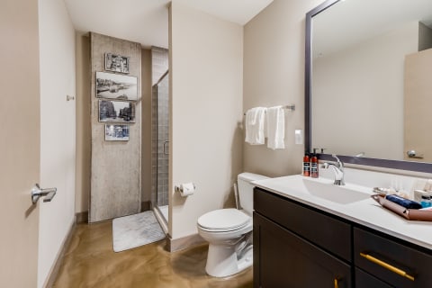 Modern bathroom with a dark wood vanity, shower stall, and decorative photographs.