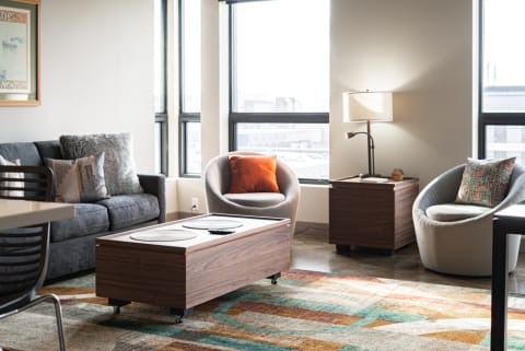 Modern living room with a gray sofa, round chairs, and a colorful area rug.
